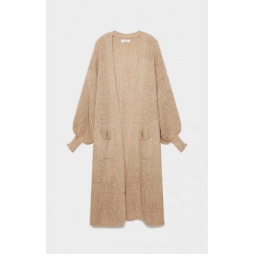 Cardigan largo de punto grueso teja COD 2867 – con bolsillos y manga abullonada